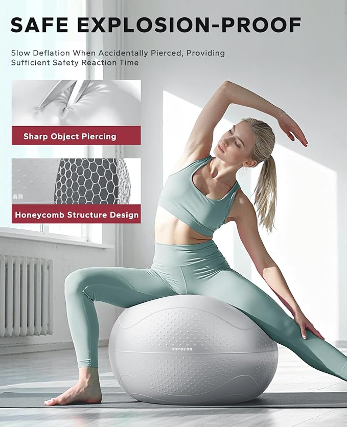 HAPBEAR Exercise Ball (22''/26''/30'') - Anti-Burst Slip-Resistant Yoga/Pilates Ball for Core Training & Posture Improvement, Home Gym/Rehab/Pregnancy Ball, Quick Pump & 3 Resistance Bands Included