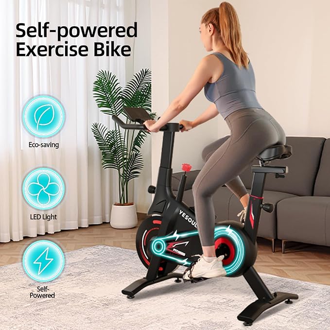 YESOUL Self-Powered Exercise Bike with Dynamic LED Lights – Stable Triangle Frame, Dual-Stage Drive, 300 lbs Capacity, Silent Magnetic Resistance, Compact Indoor Stationary Bike for Home