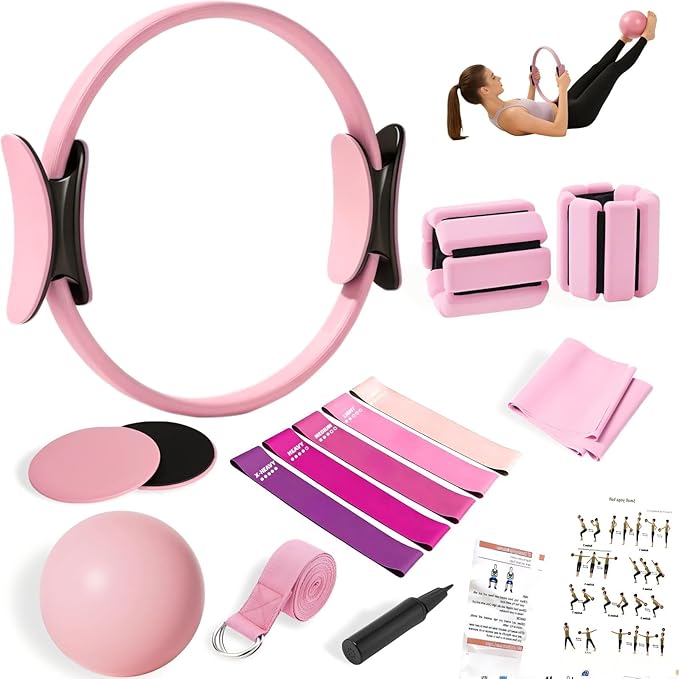 Pilates Equipment Kit for Home Workout,Pilates Ring and Ball Set,Pilates Essentials Accessories Kit for Women with Core Sliders,Adjustable Ankle Wrist Weight,Exercise Resistant Bands