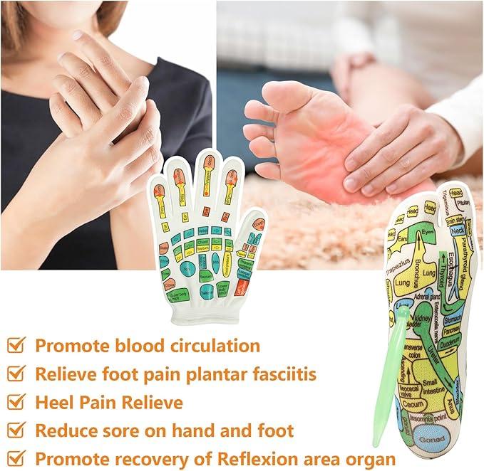 Reflexology Socks and Gloves for Hand Foot Massage, with 2 Acupressure Pens, Women's Size - Soothing and Relaxing Therapy, Pain Relief, Improve Circulation - Health and Personal Care