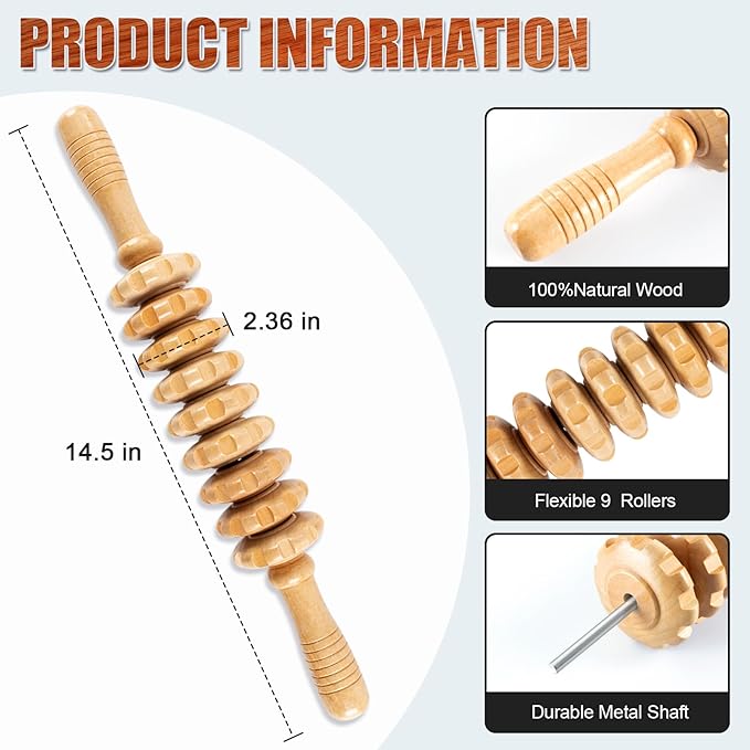Wood Therapy Massage Tools,Wooden Massager Stick Roller Lymphatic Drainage Tool,Maderoterapia Kit Self Massage Roller Tool for Cellulite Reduction,Muscle Tension and Body Shaping,Contouring