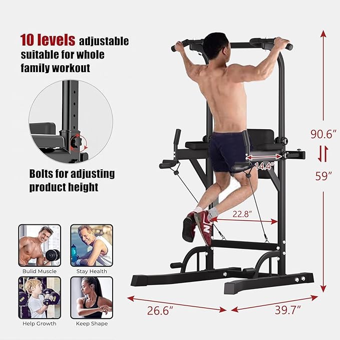 Power Tower Pull Up Bar for Home Gym, Multi Functional Pull Up Bar Stand Dip Bar Station, Adjustable Height Workout Dip Station Strength Training Fitness Equipment