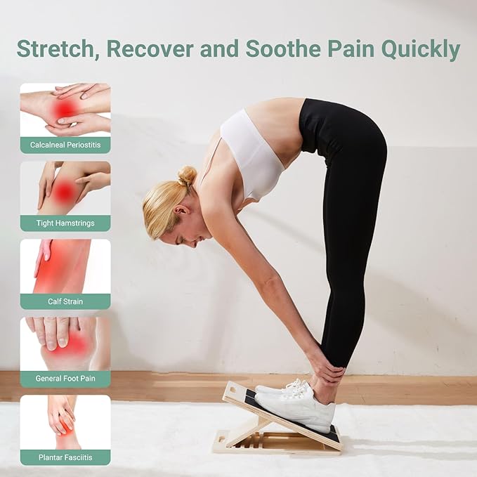 Portable Wooden Slant Board for Calf Stretching, Adjustable 5-Angle Incline Board for Ankle, Heel & Foot Exercise, 400lb Capacity, Includes Training Poster