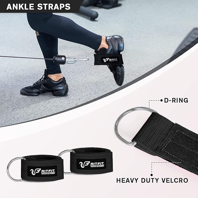 RitFit 7 Pcs Barbell Squat Pad Set, with Resistance Band, 2 Safety Straps, 2 Gym Ankle Straps & Carry Bag, Upgraded Neck & Shoulder Protective Pad Support for Squats, Lunges & Hip Thrust (Pink/Black)