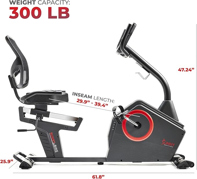 Sunny Health & Fitness Smart Recumbent Bike with Pulse Sensors, Home Cycling Workout Machine w/Cushion Seat & Mesh-Backrest, Free SunnyFit App Connection, Optional Programmable & Electro-Magnetic