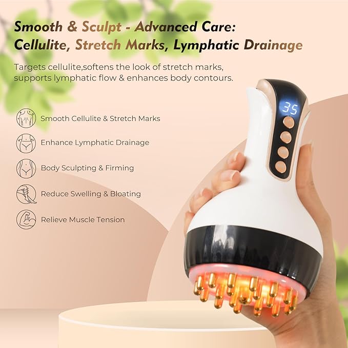 35-Speed Lymphatic Drainage Massager for Body Sculpting - 3-in-1 Anti-Cellulite Massage Device with Vibration, Heat & Microcurrent - Deep Tissue Skin Renewal Tool for Stomach, Arms & Thighs