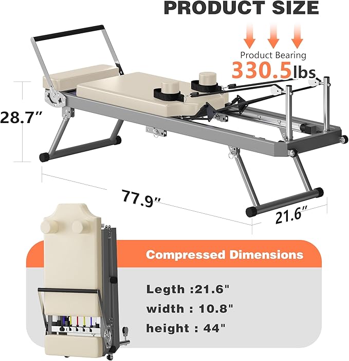 Foldable Pilates Reformer Machine for Home Use - 330lbs Capacity with 5 Alloy Springs, 11 Resistance Levels & UP Leather Surface, Space-Saving Fitness Equipment