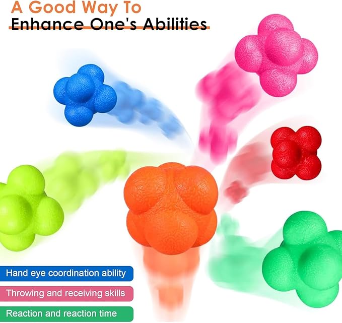 6 Pcs Hexagonal Silicone Reaction Balls for Agility Training, Hand Eye Coordination and Reflexes, Fitness Exercise for Home and Outdoor Sports