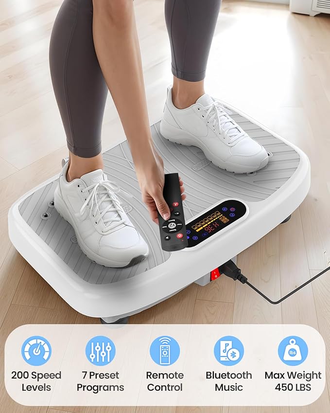 Vibration Plate Exercise Machine, Vibrating Plate Platform for Lymphatic Drainage with 200 Adjustable Speeds, Power Vibration Plate for Weight Loss & Fitness, Supports Weight 450 Lbs