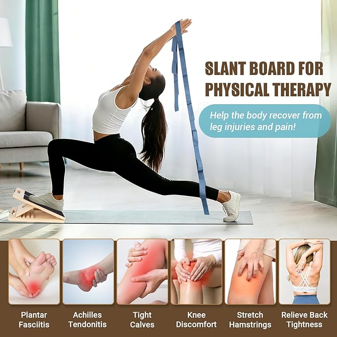Slant Board for Calf Stretching, Adjustable Wooden Calf Stretch Board with Stretch Strap & Training Poster, 300 Lbs Weight Capacity Velour Board for Calf Ankle Achilles Physical Therapy Leg Exercisers
