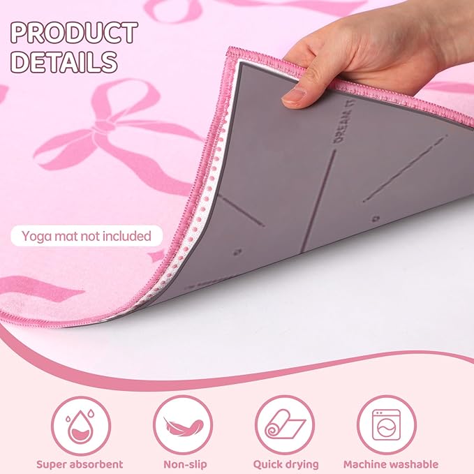 Breling Pink Bow Yoga Mat Towel with Grip Dot Preppy Coquette Bow Non Slip Ultra Absorbent Soft Microfiber Towel Without Hot Yoga Mat 72 x 24 Inch for Pilates Fitness Gym Women Birthday Gifts