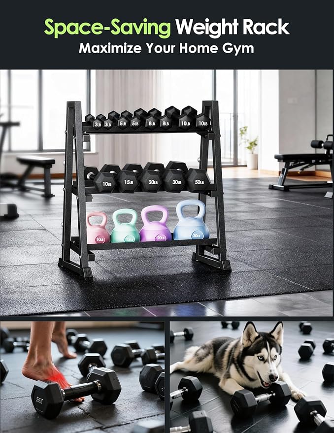 Leteuke Dumbbell Rack, 3 Tiers Heavy Duty Weight Rack for Home Gym, Trapezoidal Frame Space Saving Weight Storage Racks for Dumbells, Kettlebells, Barbells, Dumbbell Rack Stand Only (1300LBS Capacity)