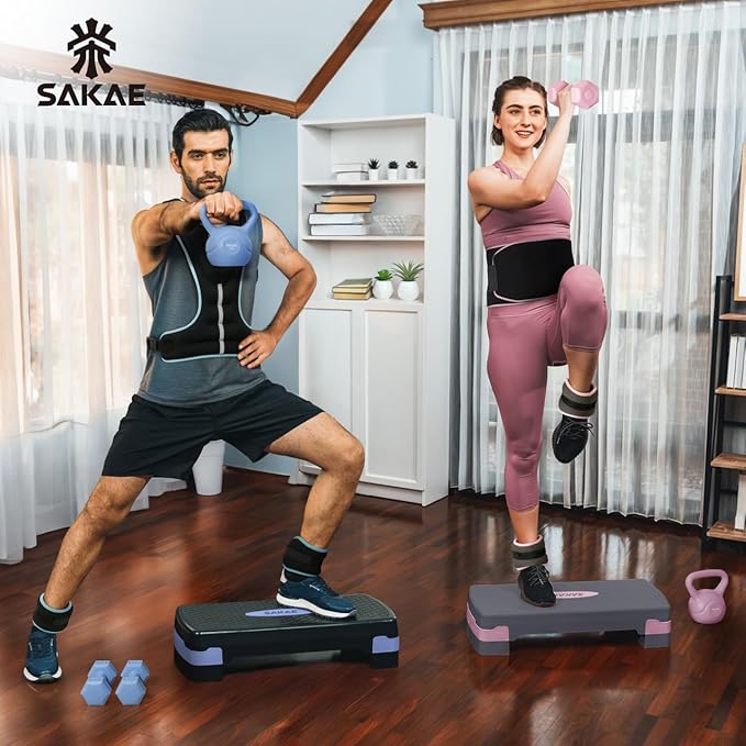 SAKAE Adjustable Aerobic Stepper Kit with Dumbbells & Kettlebell & Weightlifting Belt & Measuring Tape, 2 Level Risers Exercise Step Platform for Home Gym Exercise Fitness Workout, Multiple Colors