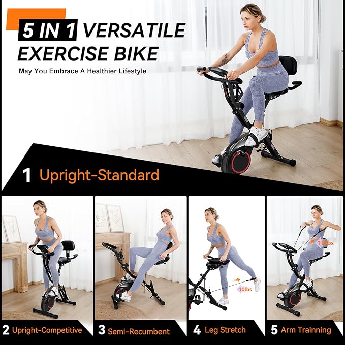 Foldable Exercise Bike Stationary Bikes for Home, 5 IN 1 Indoor Workout Bike, Cycling Bike with 16-Level Quiet Magnetic Resistance, 6.6 LBS Flywheel and 300LBS Capacity for Senior and Home Workout