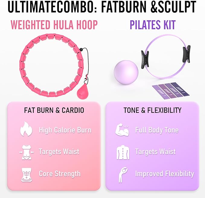 Weighted Hula Infinity Hoop & Pilates Ring Kit Bundle- Infinity Fitness Hoop for Weight Loss Plus Magic Circle, Resistance Bands, and Ball Set- Home Workout Equipment for Abdomen & Full Body Toning