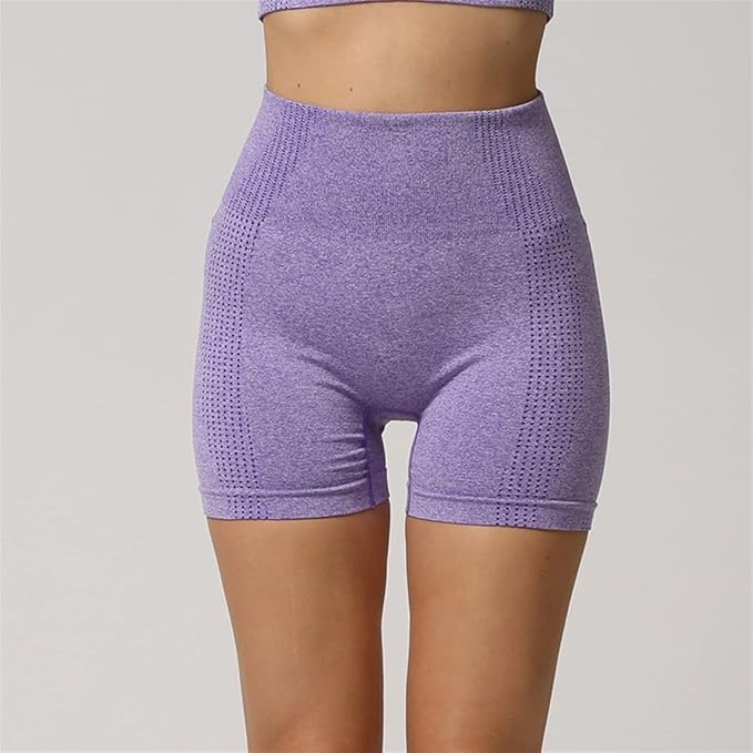 Yoga Set Seamless Women Long Sleeve Blouses Top Gym Sport Bra High Waist Tight Leggings Fitness Suit Shorts Sets (Color : Purple Shorts, Size : Large)