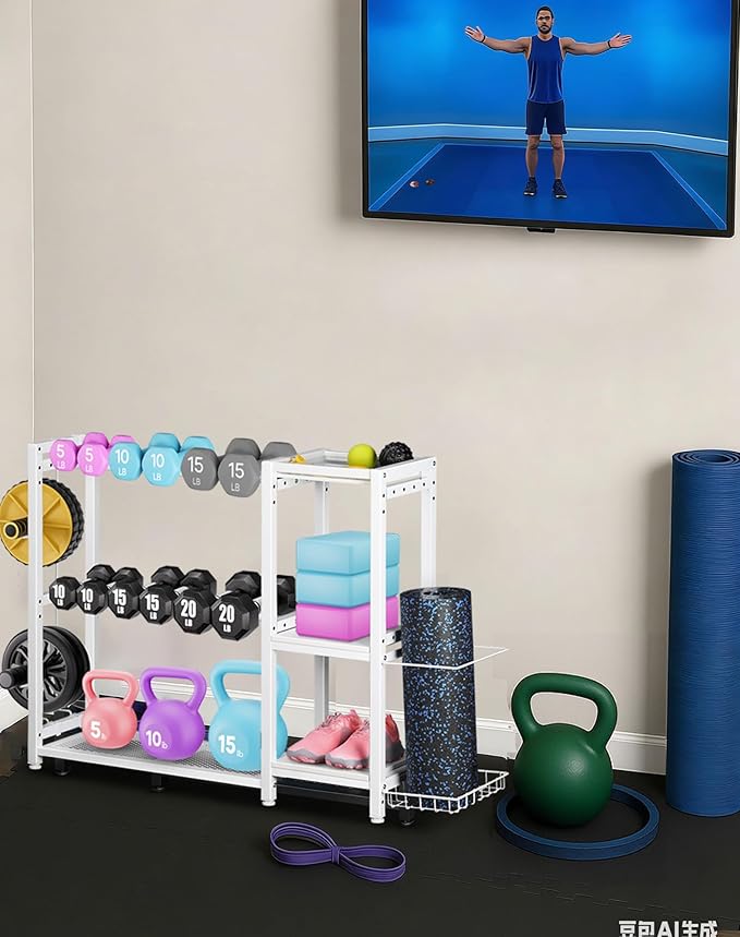 3-Tier Dumbbell Rack Stand Only - Adjustable Weight Rack for Home Gym, Heavy-Duty Weight Stand for Dumbbells Kettlebells Foam Roller Yoga Mats, Workout Equipment Storage Organizer With Hooks