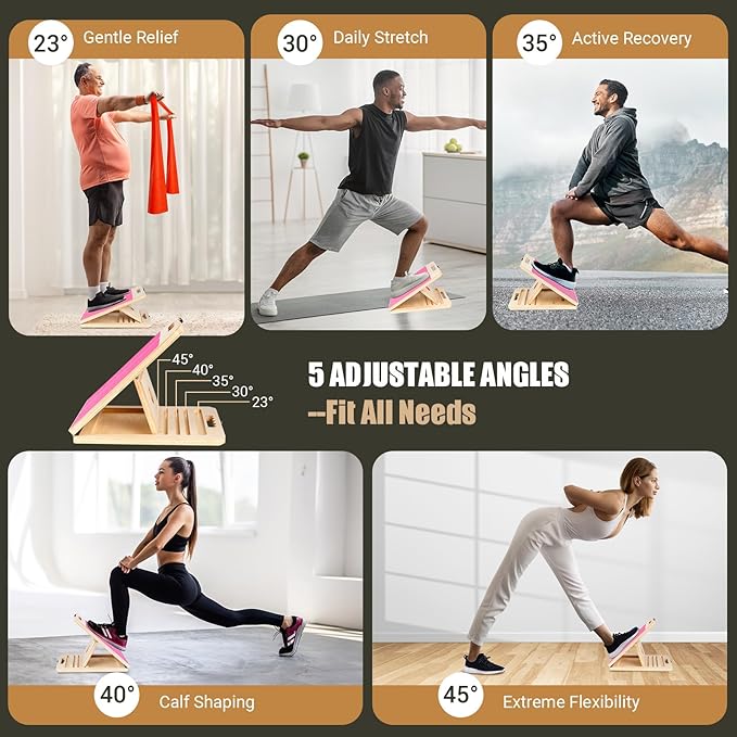 Wooden Slant Board for Calf Stretching, Portable Adjustable Calf Stretch Board with Training Poster & Resistance Bands, 300lb Weight Capacity Calf Ankle Achilles Physical Therapy Leg Exercisers