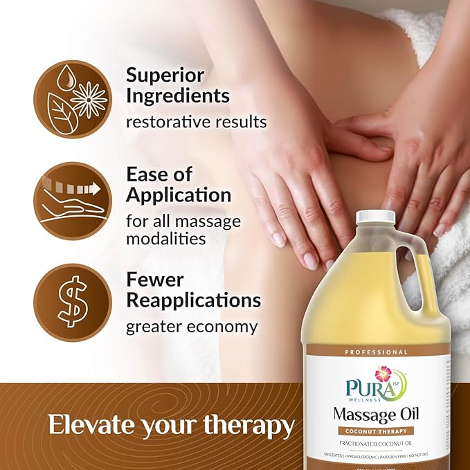 Coconut Therapy 1 Gallon Massage Oil, Coconut Oil, Professional, Massage Therapy, Deep Tissue, Unscented, Natural Ingredients, Skin Hydrating, Moisturizing, Muscle Relief, for Bruising