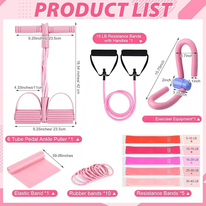 17 Pcs Home Pilates Kit with Resistance Bands 6 Tube Pedal Puller Resistance Band Set for Women Weight Loss Leg Training Workout Equipment Gym Exercise Equipment Beginners Yoga