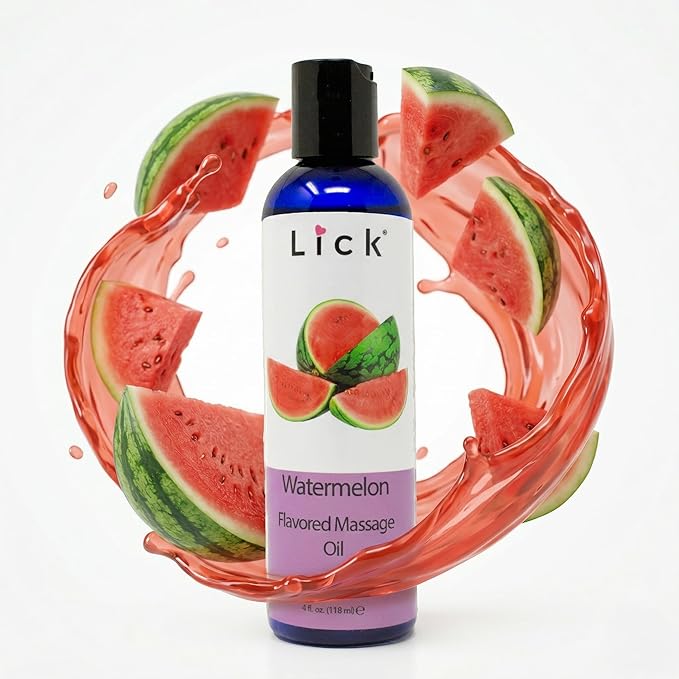 Watermelon Flavored Massage Oil for Couples – Edible Massaging Lotion with Vitamin E, Sweet Almond and Coconut Oil is Non Sticky and Gentle on Skin – Natural, Relaxing and Vegan (4 oz)