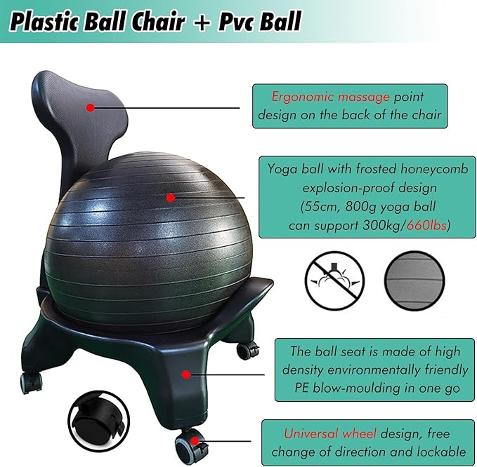 Active Sitting Exercise Ball Chair, Adjustable Posture Ball for Desk/Heavy Duty Pilates Ball for Chair Back with Rolling Wheel, Protection Legs/Spine Sensory Ball Chairs(Gray)