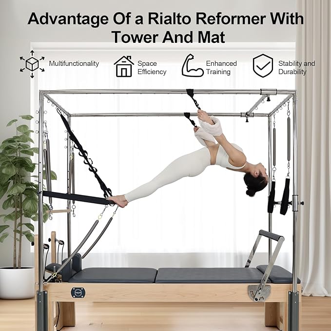 Pilates Reformer, Pilates Reformer Machine, Pilates Equipment for Home and Studio, Black Ultrafine Leather, Adjustable Resistance System