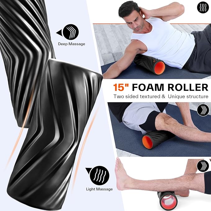 Sportneer 4 in 1 Foam Set, Muscle Relax Kit with 2 Textured Foam Rollers, Stringed Exercise Ball, Lacrosse Ball for Muscle Shoulder Back Leg Whole Body Relax Fitness Yoga