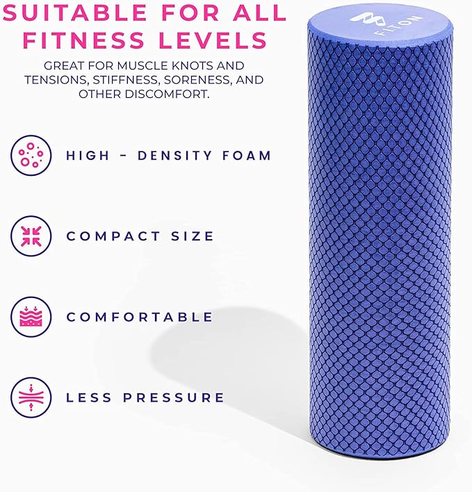 FitOn Recovery Fitness Foam Roller - High Density Travel Exercise Roller for Muscle Recovery, Massage and Deep Tissue Relief - Compact and Portable for Exercise, Travel, and Fitness - 12"x4", Purple