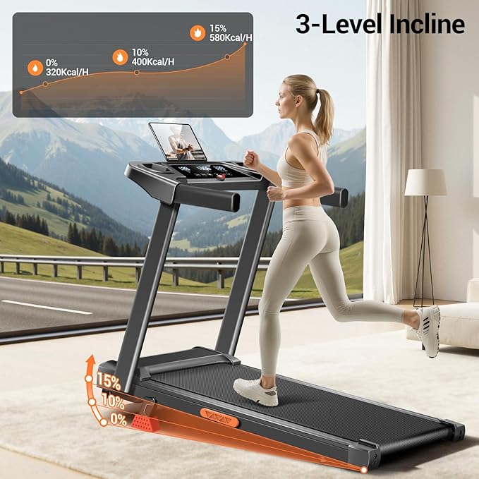 16% Incline Treadmill with Handle, 3-in-1 Portable Treadmills for Home and Office, Foldable Treadmills with 300 Lbs Weight Capacity, 3.0HP Quiet Walking Pad Treadmill, Three Screen