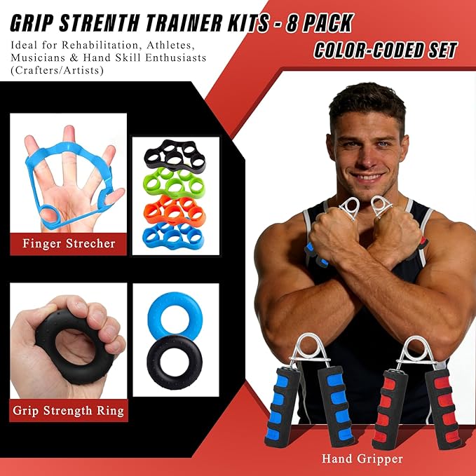 CYFIE Grip Strength Trainer Kit 8 Pack, 2pcs Foam Hand Grip Strengthener, 4pcs Finger Exerciser & 2pcs Grip Rings, Portable Forearm Workout Equipment for Workout Recovery, Office Workers, Musicians & Stress Relief