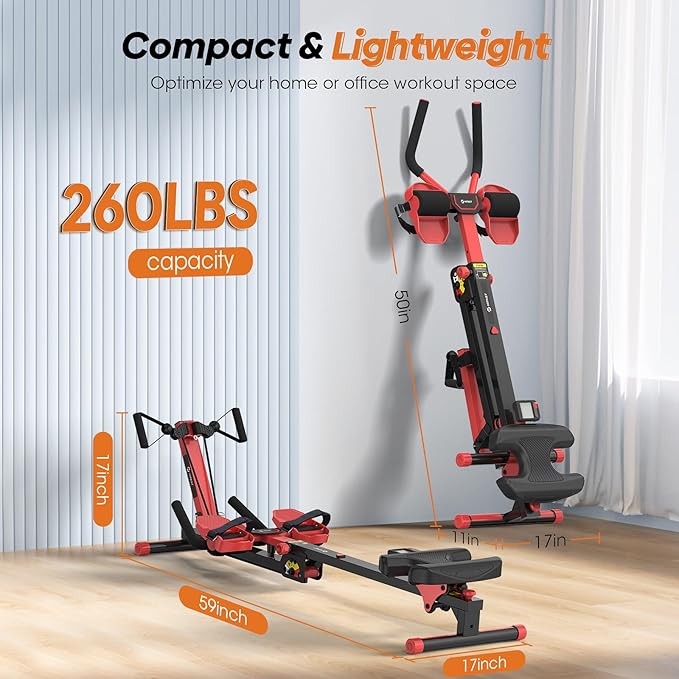 Ab Machine and Rowing Machine, 4 in 1 Rowing Machines for Home with 3 Levels of Workout Resistance, Quiet & Foldable Rower Machine with 3 Adjustable Handle Heights & LCD Monitor, Row Machine for Home