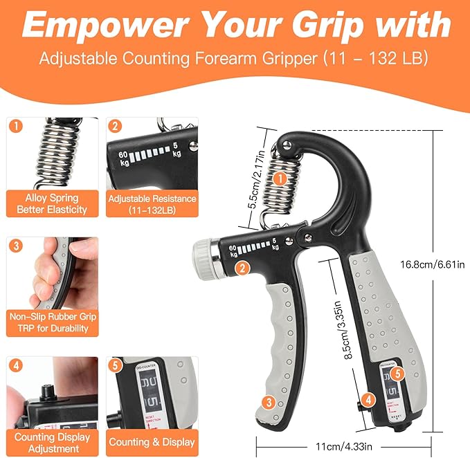 CYFIE Grip Strength Trainer Kit, Adjustable Hand Gripper Strengthener, Forearm Strengthener & Finger Exerciser Set with Finger Stretcher, Stress Ball & Grip Ring for Athletes, Rock Climbing & Rehab