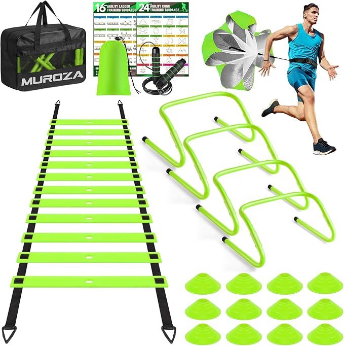 Agility Ladder, Agility Speed Training Equipment Set, 20ft Speed Ladder, 12 Soccer Cones, 4 Hurdles, Jump Rope, Running Parachute, Soccer Football Basketball Training Equipment Accessories