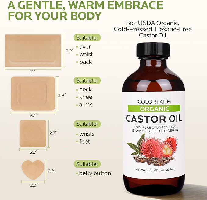40 Pcs Castor Oil Pack Wrap: Organic Cold Pressed Castor Oil 8Fl Oz with Disposable Patches - Self-Adhesive Anti Leakage Patch for Liver Stomach Belly Button