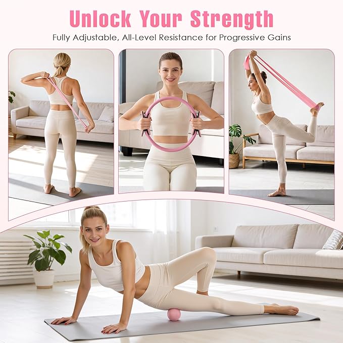 Pilates Equipment, Pilates Kit for Home Workouts, Home Pilates Essentials Kit for Women with Pilates Ring and Ball Set, Socks, ankle resistance bands with cuffs, Resistance Band and Massage ball...