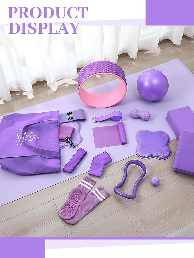 17 Pcs Yoga Essential Kit for Women, Pilates Equipment Starter Set for Beginners with Yoga Wheel Ball Blocks Strap Resistance Bands Wrist Rings Socks Towel & Carry Bag for Home Workouts