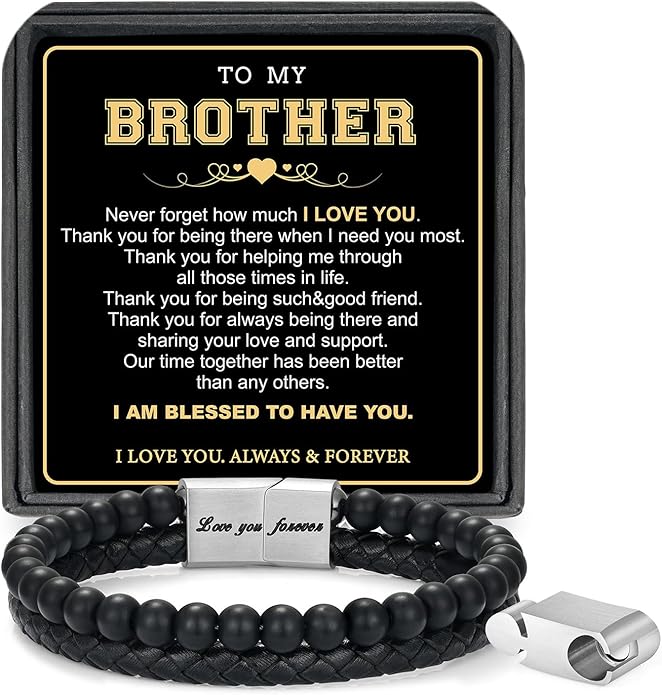 LUXEJEW Gifts for Men - Beaded Leather Bracelet 6mm Matte Agate Stone Bracelets for Men Dad Son Husband Boyfriend Grandpa Grandson Brother Uncle Nephew Adjustable Magnetic Clasp