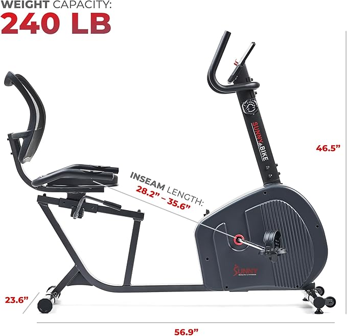 Sunny Health & Fitness Smart Recumbent Exercise Bike, Adjustable Cushion Seat & Mesh Back-Rest for Home Training, Magnetic Resistance & Belt-Drive for Quiet & Smooth workout, Free SunnyFit App Connect