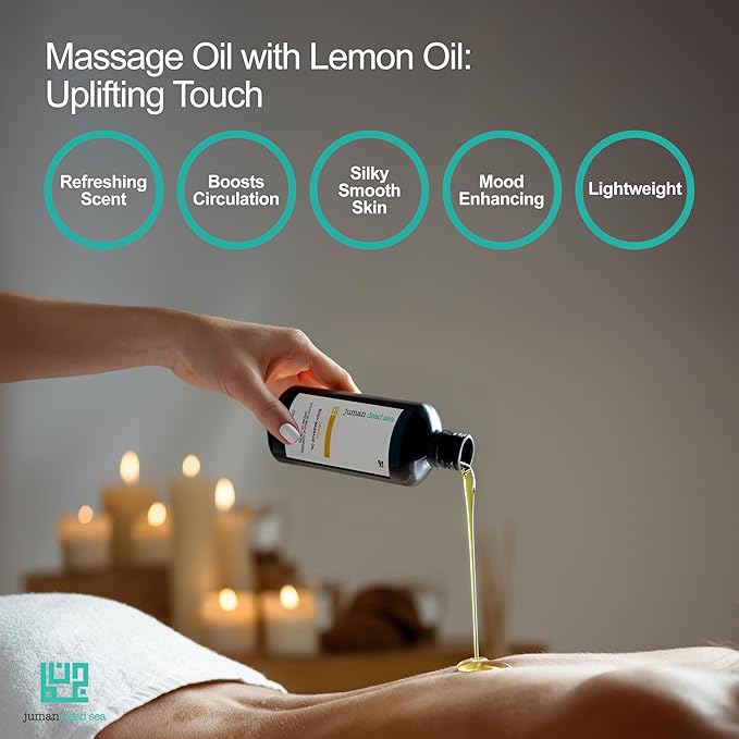 Juman Dead Sea Therapeutic Body Massage Oil | Lemon Scented | Enriched with Olive, Sweet Almond and Other Essential Oils | Relaxing, Massage Oil | for Silky & Softer Skin | Body Moisturizer | 6.76 OZ