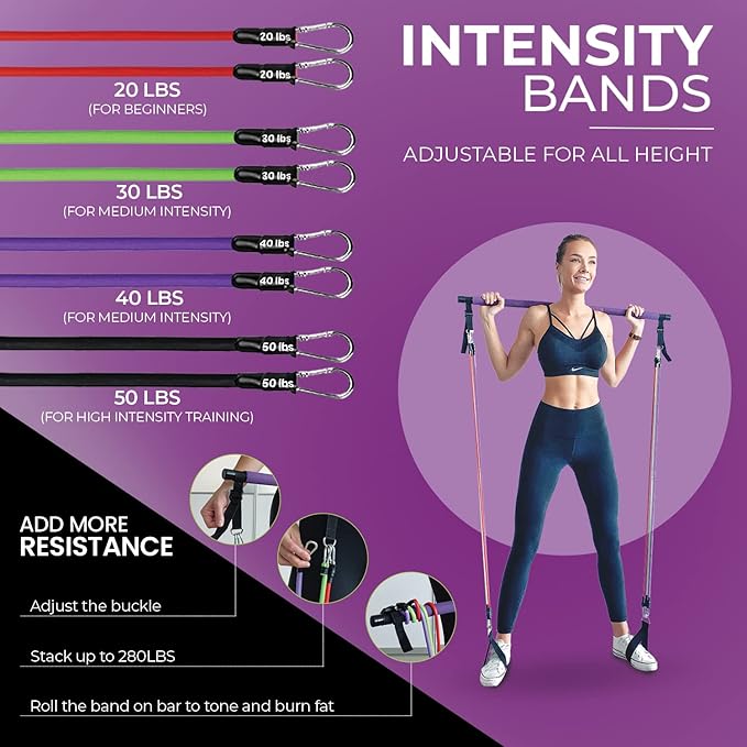 Portable Pilates Bar Kit with Resistance Bands (20, 30, 40, 50 LBS) – Adjustable Home Workout Equipment with 8 Week Training Program – Full Body Fitness Bar for Pilates, Strength Training