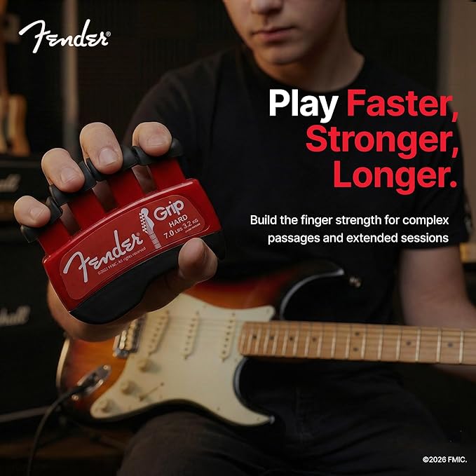 Fender GRIP Hand and Finger Exerciser – Best Ergonomic Finger Strengthener to improve play on all stringed instruments (Guitar, Bass, Violin, etc.) (Tensions: WHITE=5-Lbs; RED=7-Lbs; BLACK=9-Lbs)