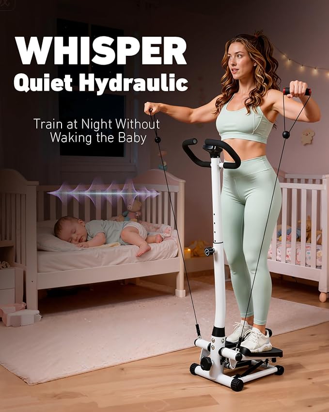 Mini Stair Stepper for Exercise at Home with Adjustable Handlebar & Resistance Bands,Quiet Compact Stair Stepper Machine,LCD Monitor,Portable Indoor Leg/Glute Cardio Fitness, White