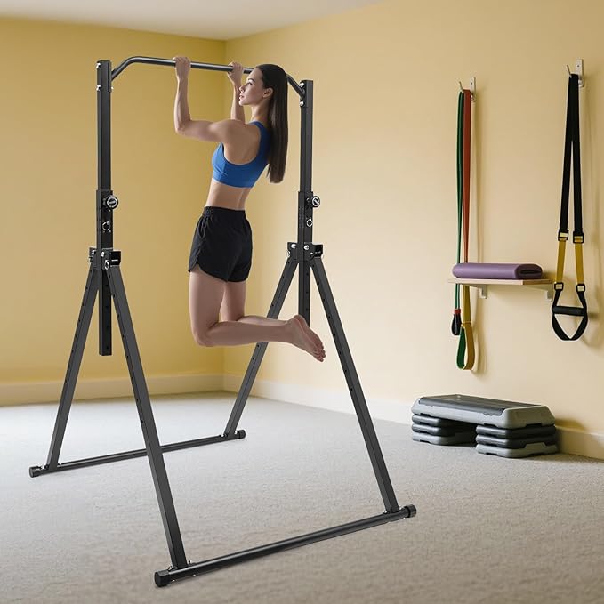 Triangular Pull Up Station, Foldable Power Tower Pull Up Bar Dip Station, Adjustable Height Multifunction Workout Stand for Home Gym Strength Training Equipment, Support 440lbs