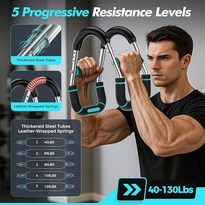 Twister Arm Trainer, Chest Workout Equipment for Men & Women Adjustable 5 Resistance Levels (40-130 lbs), Ergonomic Home Gym Strength Trainer with Anti-Slip Handles & Carry Bag