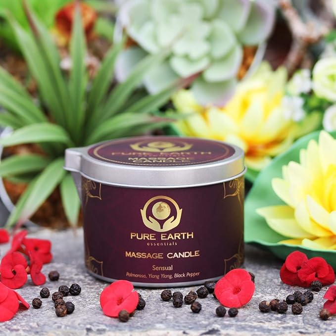 Sensual Massage Candle - Melts to Silky Oil - Skin Moisturizing Candle Massage Oils for Date Night (160 Grams or 6 oz.) - with Palmarosa, Ylang Ylang, Black Pepper by PURE EARTH essentials