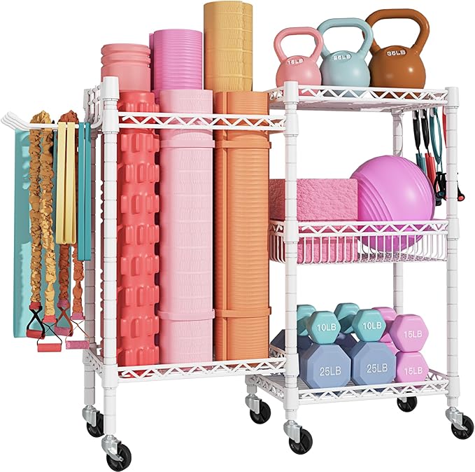 FUTASSI Home Gym Storage, 3 Tiers Workout Equipment Organizer with Wheels for Yoga Mats, Foam Roller, Dumbbells, Kettlebells, and Resistance Bands