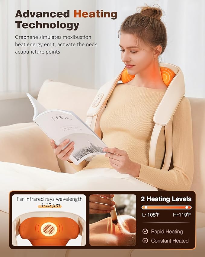 Neck and Shoulder Massager with Heat, Cordless Back and Neck Massager, Upgraded Graphene Heating, 4D Shiatsu Deep Kneading Massage for Shoulder, Back Pain Relief, Gifts for Dad Mom Friend (Beige)