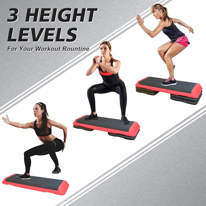 43'' Exercise Aerobic Step Platform, Adjustable Height 4-6-8in Exercise Stepper Workout with 4 Detachable Risers, Aerobics Stepper Workout Stepper for Home Gym Cardio Strength & Training