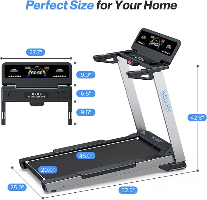 WELLFIT Home Treadmill, 2 Level Incline Heavyduty Treadmill with Pulse Sensor, 4.0 HP, 10 MPH, 450 lbs Capacity, 20'' x 45'' Running Area Treadmills with Bluetooth Player & LED Display